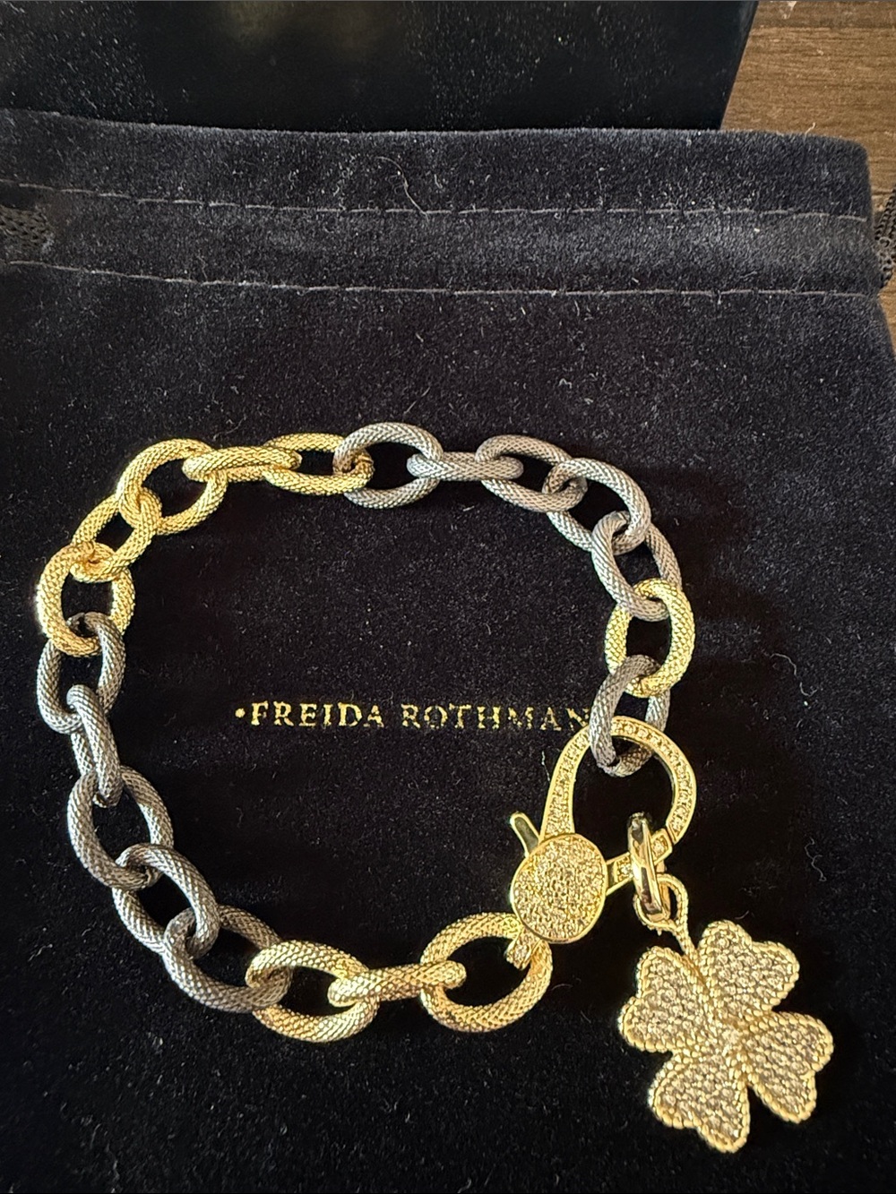 Freida Rothman Two-Tone Textured Chain Bracelet with Clover Charm